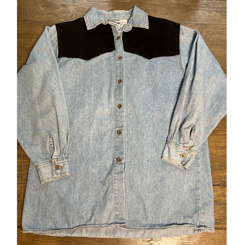 County Seat Nuovo Womens Denim Western Shirt Light Wash Black Suede Yoke M